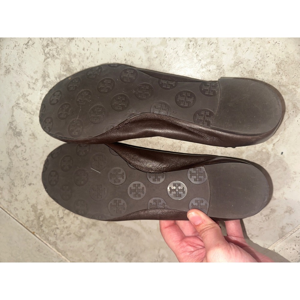 Tory Burch Minnie Travel Ballet Flats Brown Leather Gold Logo Medallion Size 8 - Picture 2 of 8